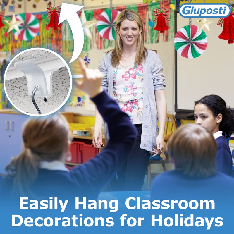 Gluposti 25 Clear Ceiling Grid Clips & 25 S-Hook Sign Hanging Kit, Light-Duty Suspended Tile Drop Ceiling Hooks for Hanging Classroom Decorations, Office Decor, Retail Signs, 0.75" W x 1" H - Image 3